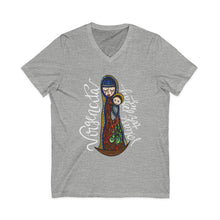 Virgin Mary & Child V-Neck Tee — Religious Icon Graphic Shirt