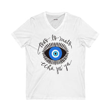 Turquoise Eye V-Neck Tee, Unisex Jersey Short Sleeve Shirt, Boho Fashion, Casual Wear, Gift for Friends, Occasional Wear